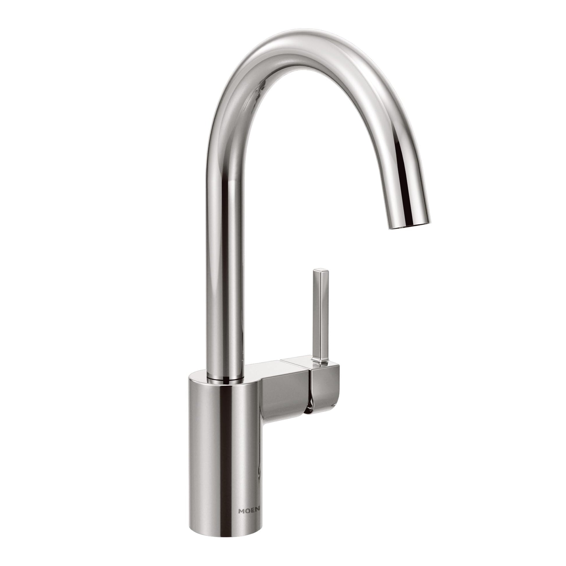 Chrome kitchen faucet with high curved spout and single lever handle on cylindrical base.