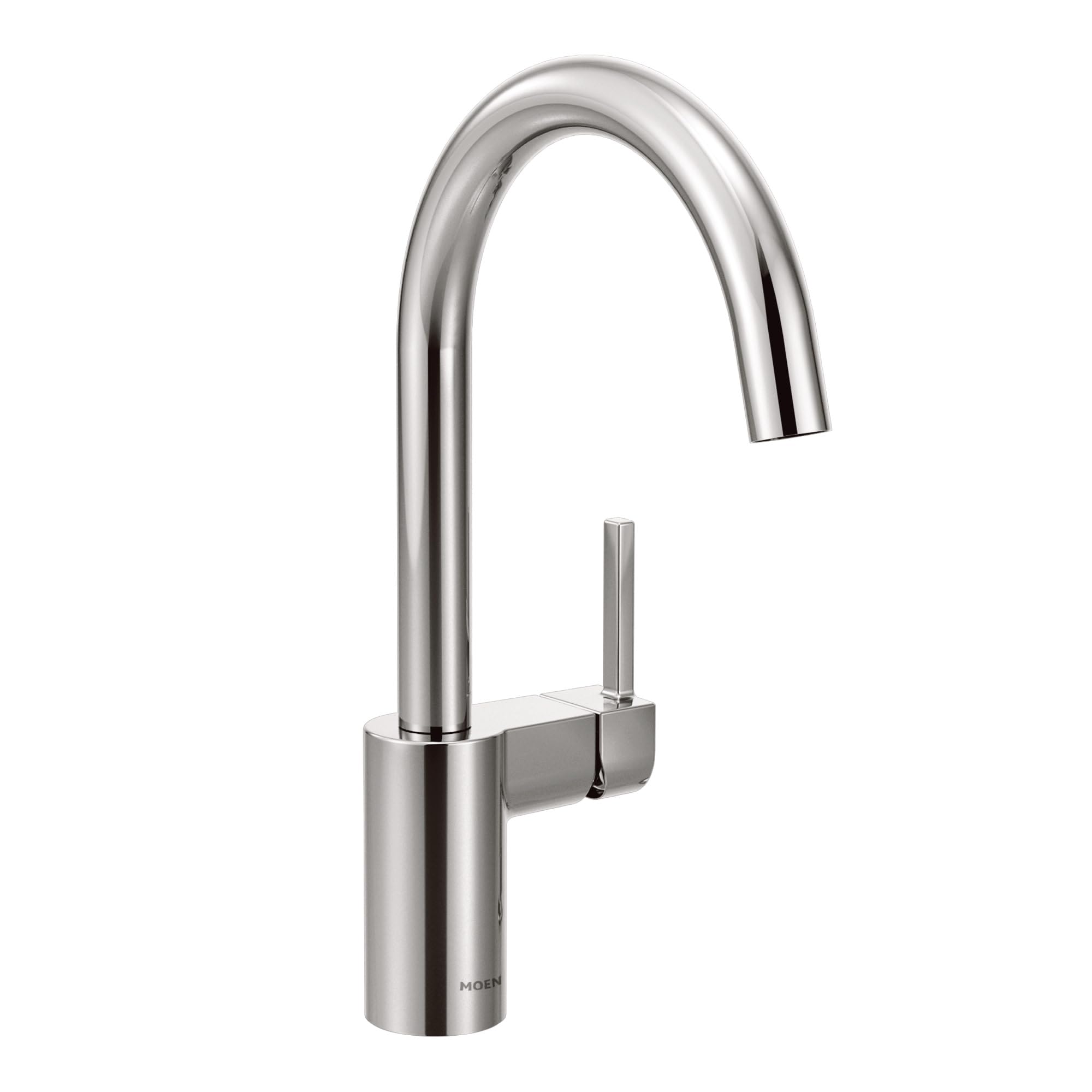 Chrome kitchen faucet with high curved spout and single lever handle on cylindrical base.