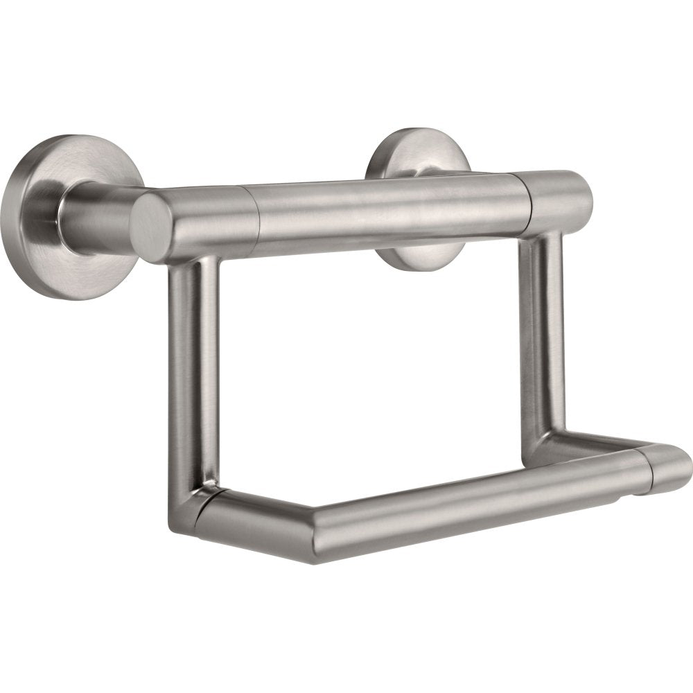 Brushed stainless steel tissue holder with assist bar and wall-mounted circular flanges.