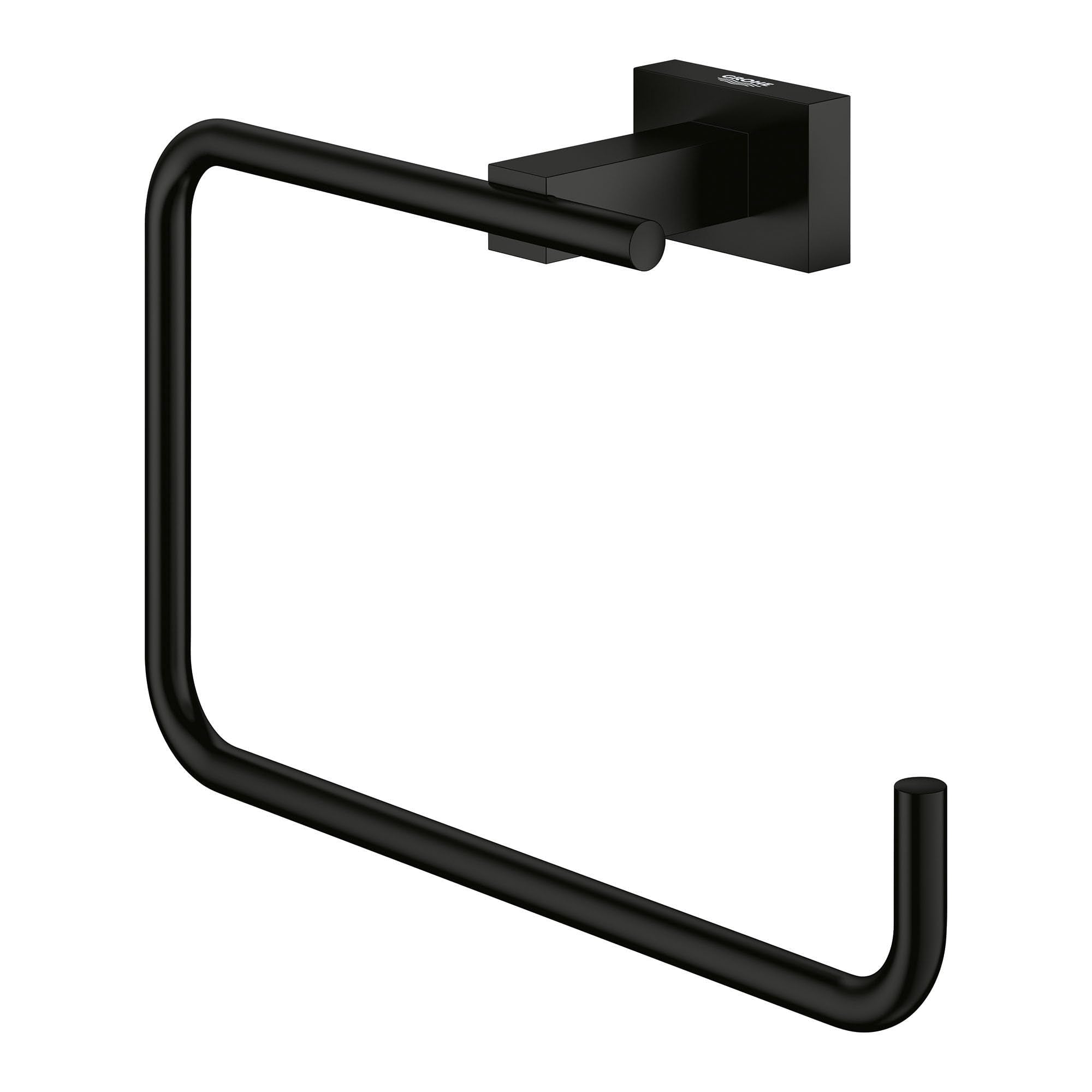 Matte black square wall-mounted towel ring with curved rectangular loop and rectangular mounting bracket.