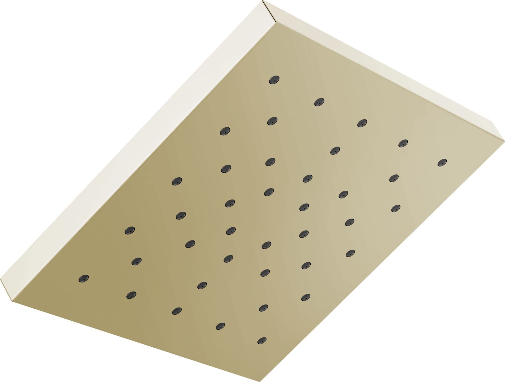 Square champagne-bronze shower head with multiple evenly-spaced spray nozzles, mounted at an angle.