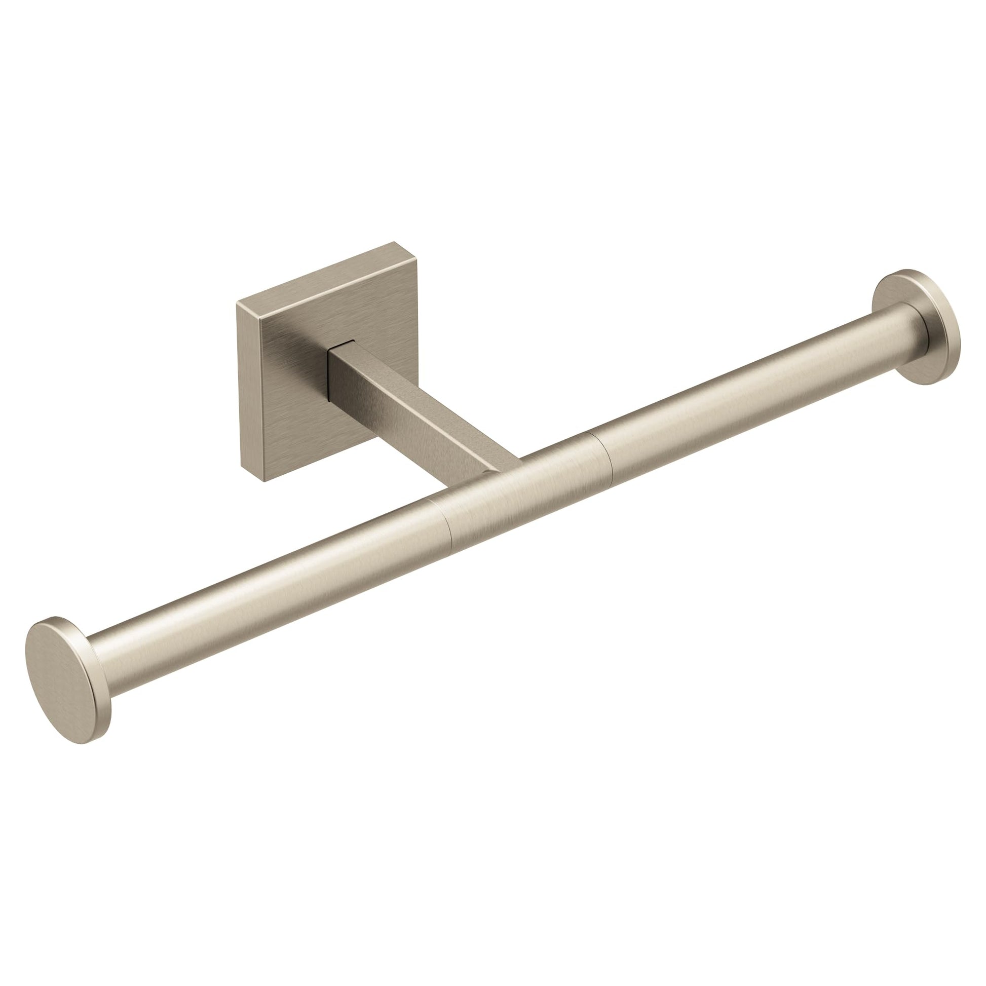 Brushed nickel double post toilet paper holder with square wall plate and cylindrical posts on each end.