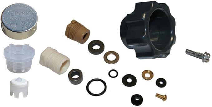 Wall hydrant service kit components including cap, valve body, fittings, seals, washers, and hardware.