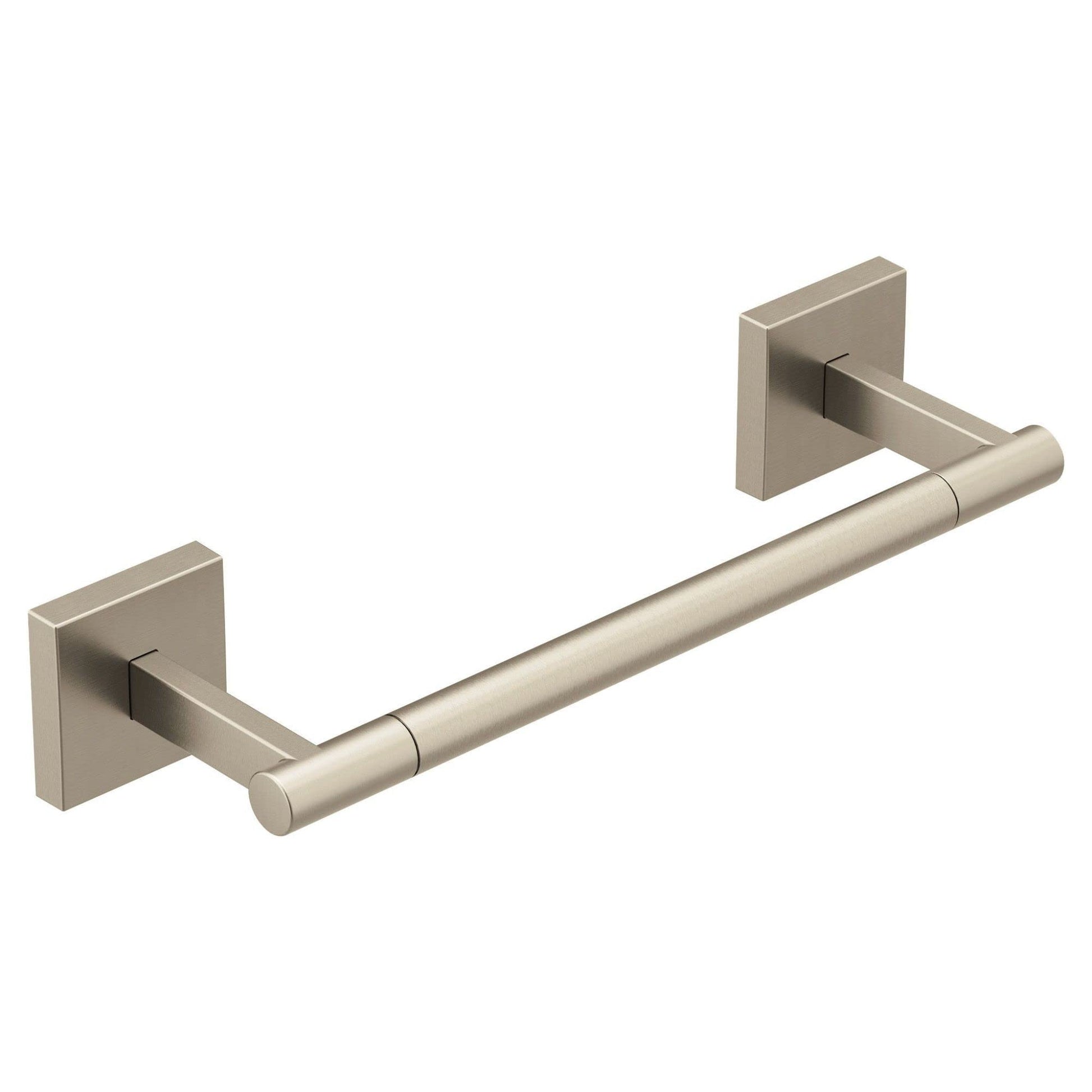 Brushed nickel hand towel bar with square wall-mounted brackets on each end.