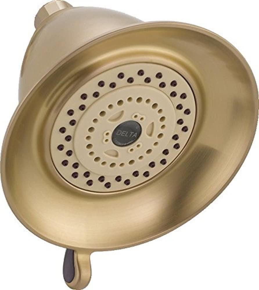 Champagne bronze round shower head with multi-setting spray pattern and mounting arm.