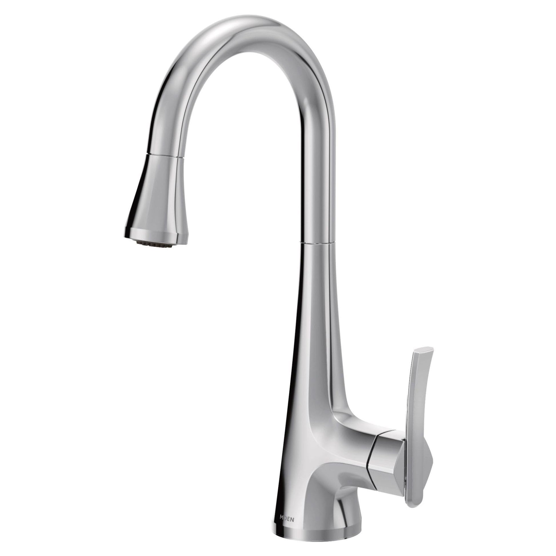 Chrome single-handle kitchen faucet with high curved spout and pulldown spray wand.