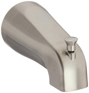 Brushed nickel tub spout with diverter lever and curved outlet, wall-mounted.