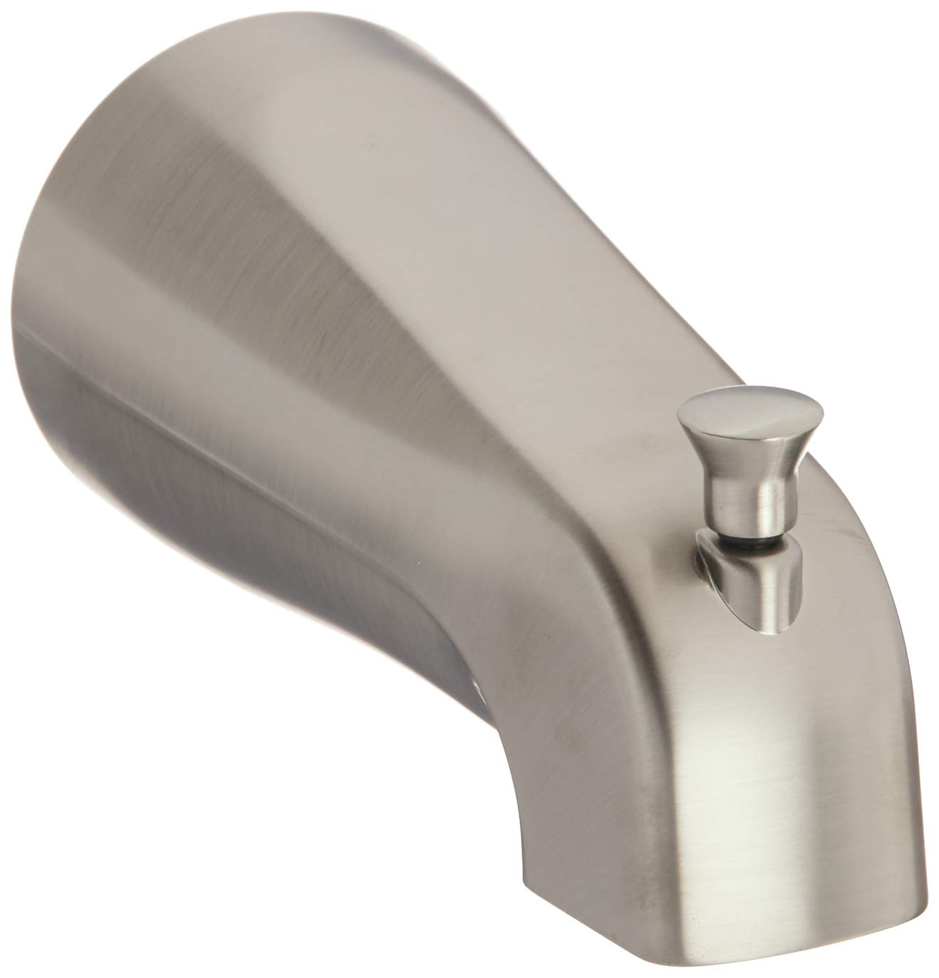 Brushed nickel tub spout with diverter lever and curved outlet, wall-mounted.