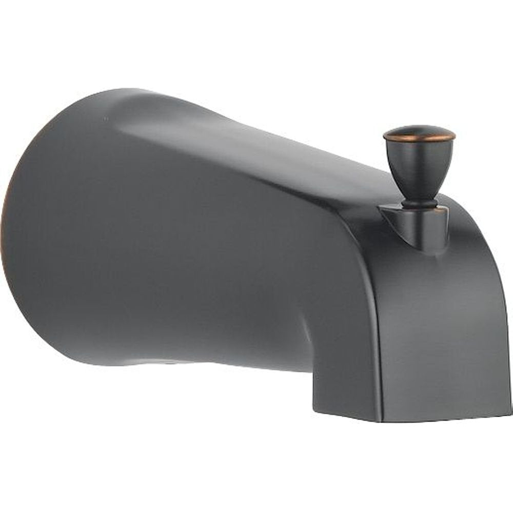 Oil rubbed bronze tub spout with pull-up diverter and rounded knob handle on curved mounting base.