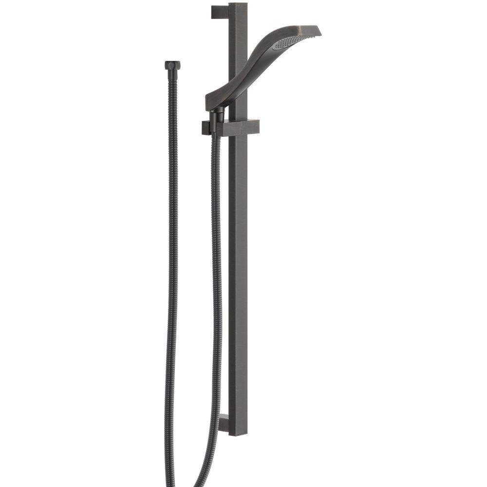 Dark bronze slide bar hand shower system with curved showerhead, adjustable holder, and flexible hose.