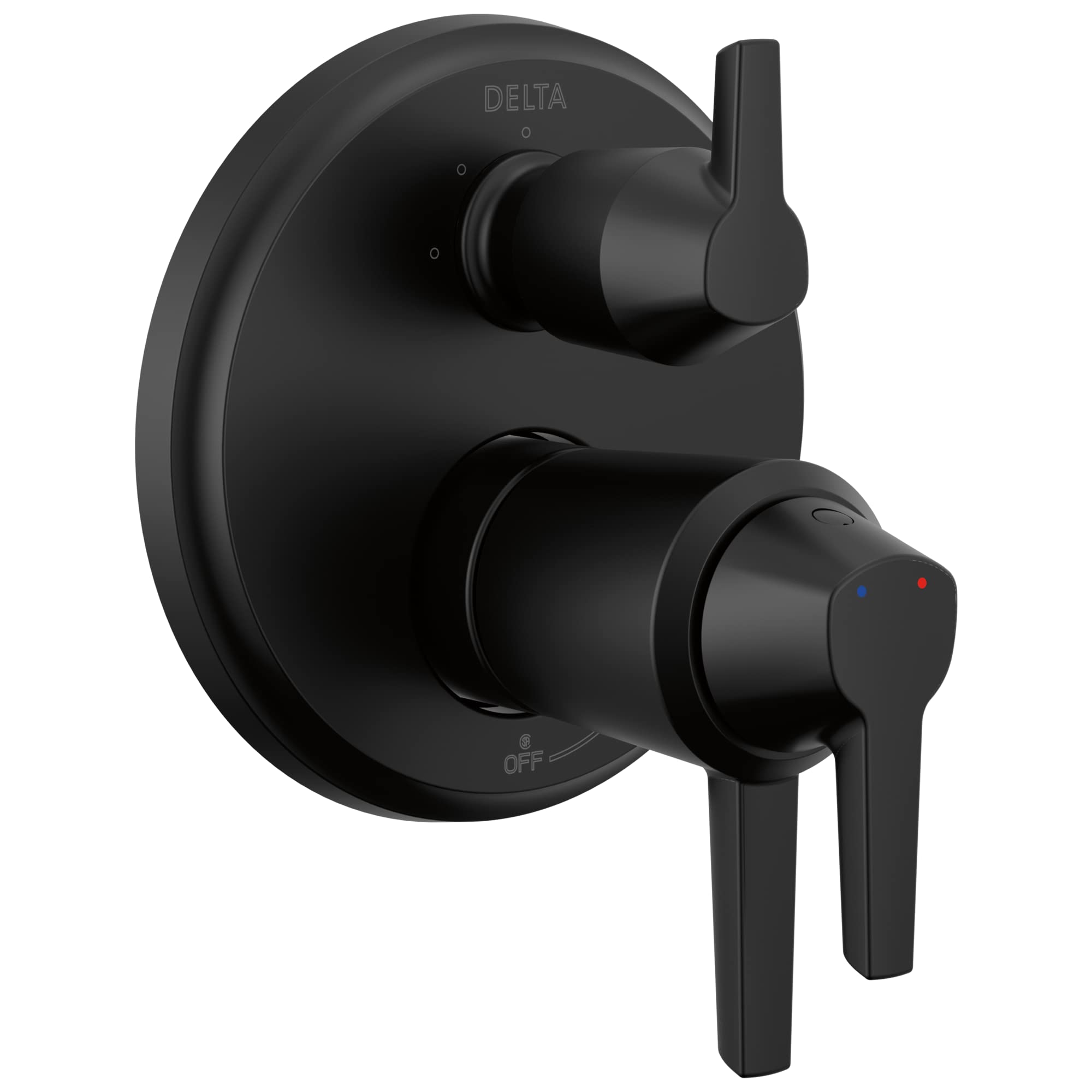 Matte black Delta shower trim with circular backplate, upper lever handle, and lower diverter handle with temperature indicat
