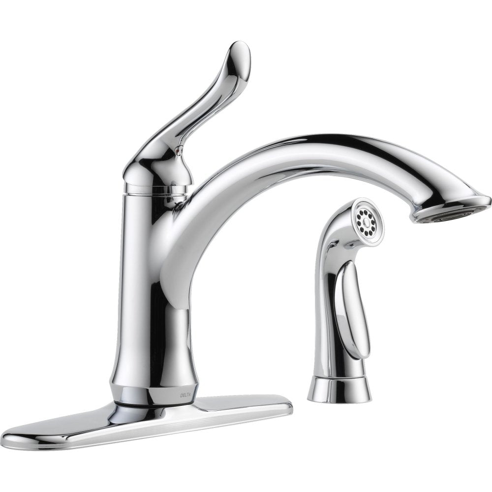Chrome kitchen faucet with single curved handle, arched spout, and separate spray attachment on base plate.