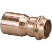 Copper press reducer fitting with 1" FTG connection on left and 1/2" press connection on right, green indicator dot visible.