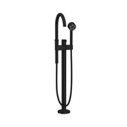 Matte black freestanding tub filler with curved spout, hand shower, and floor-mounted base.