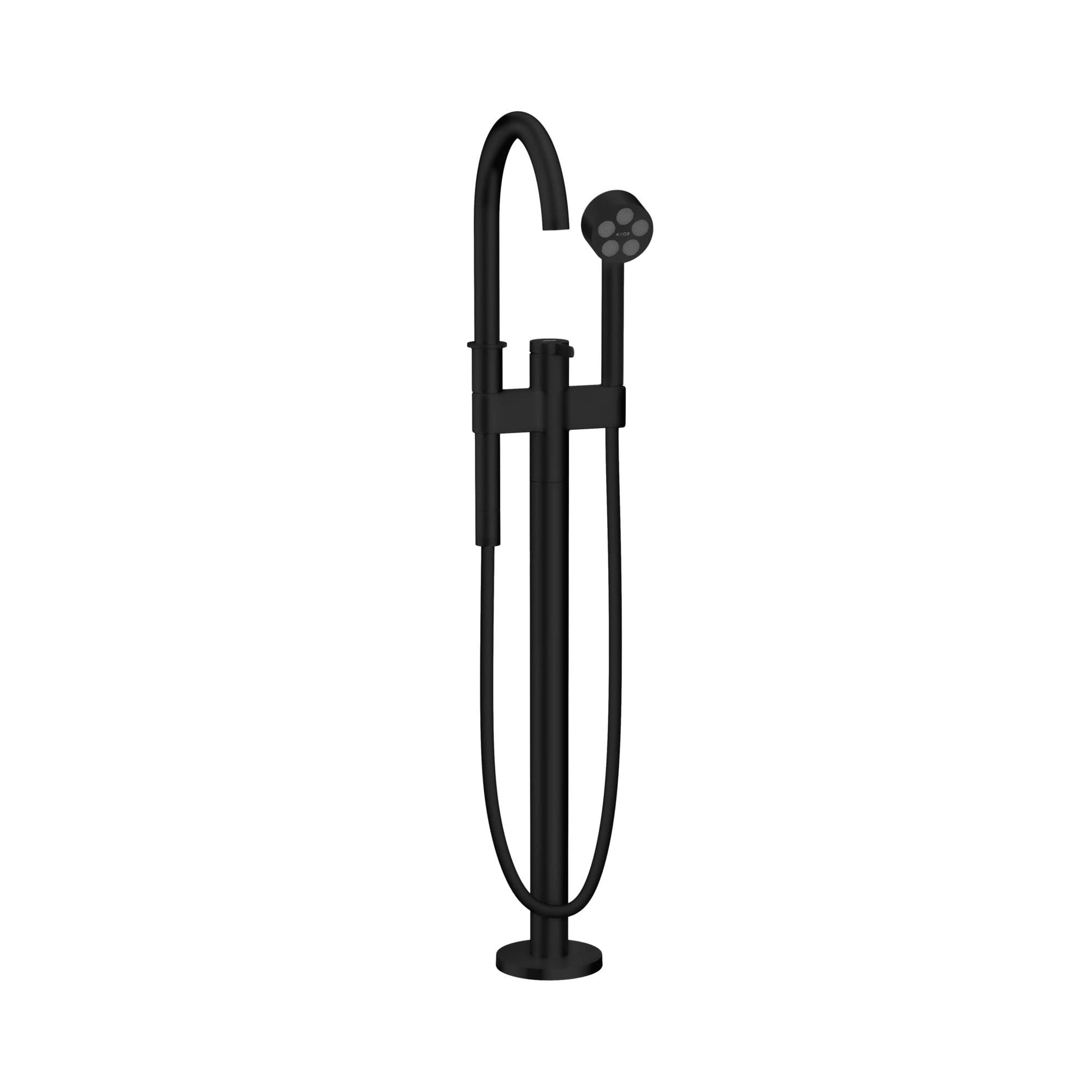 Matte black freestanding tub filler with curved spout, hand shower, and floor-mounted base.