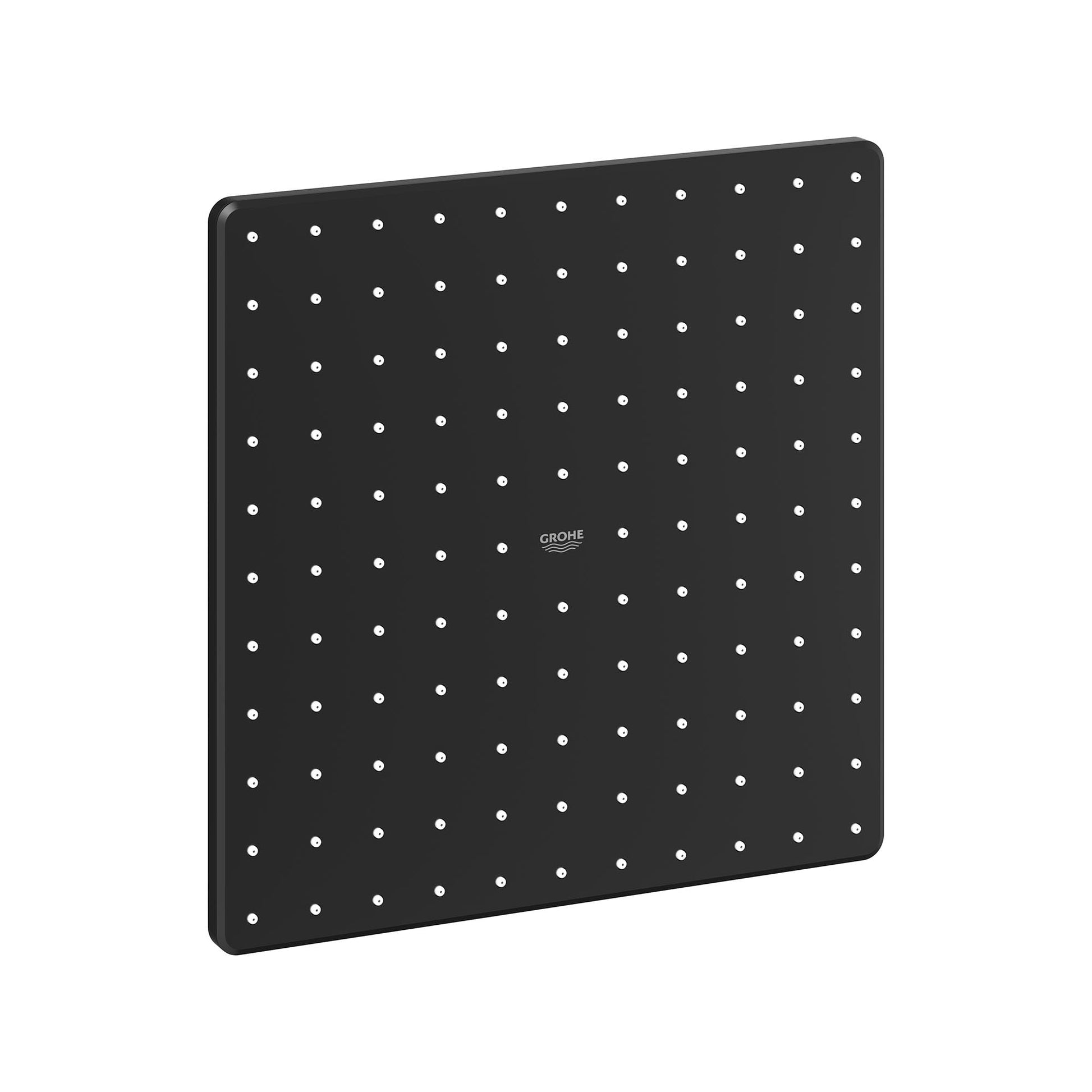 Matte black square shower head with multiple spray jets evenly distributed across the face.