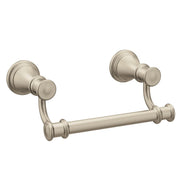 Brushed nickel toilet paper holder with dual wall-mounted posts and horizontal bar.