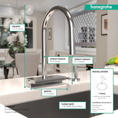 Chrome high-arc kitchen faucet with pull-down spray head and measurement dimensions displayed in kitchen setting.