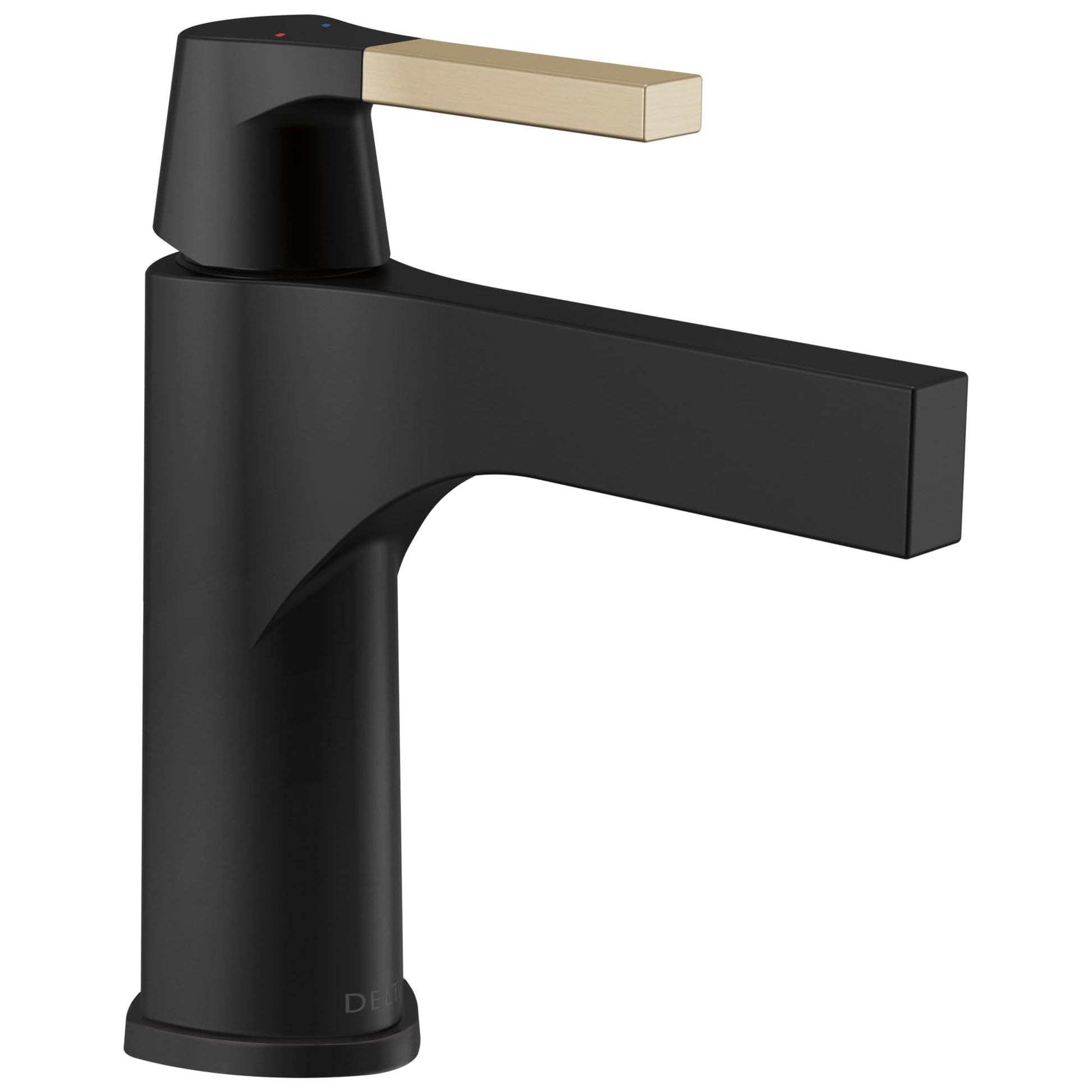 Black single-handle bathroom faucet with champagne bronze lever and cylindrical spout.