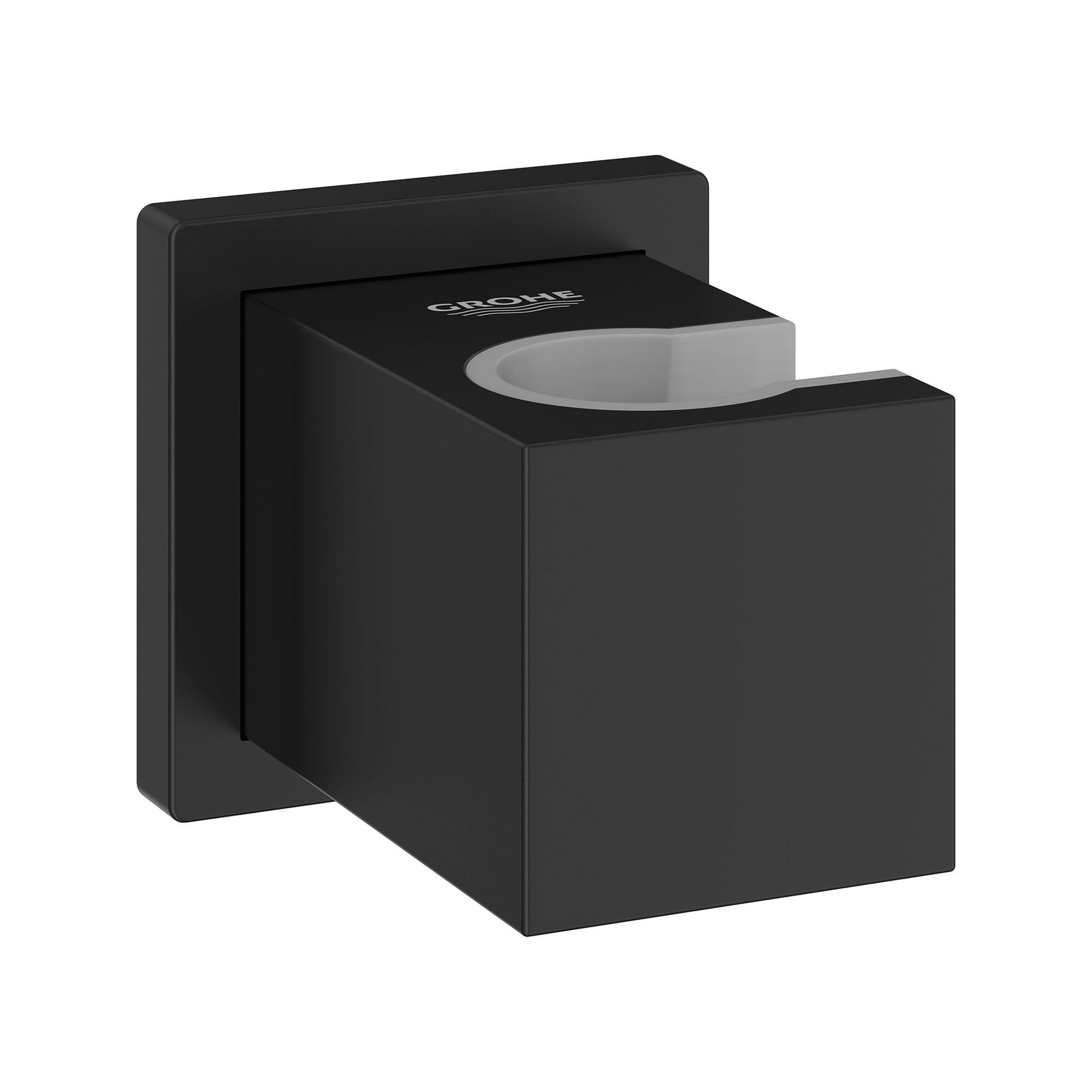 Matte black wall-mounted hand shower holder with angled bracket and curved cradle for shower head.