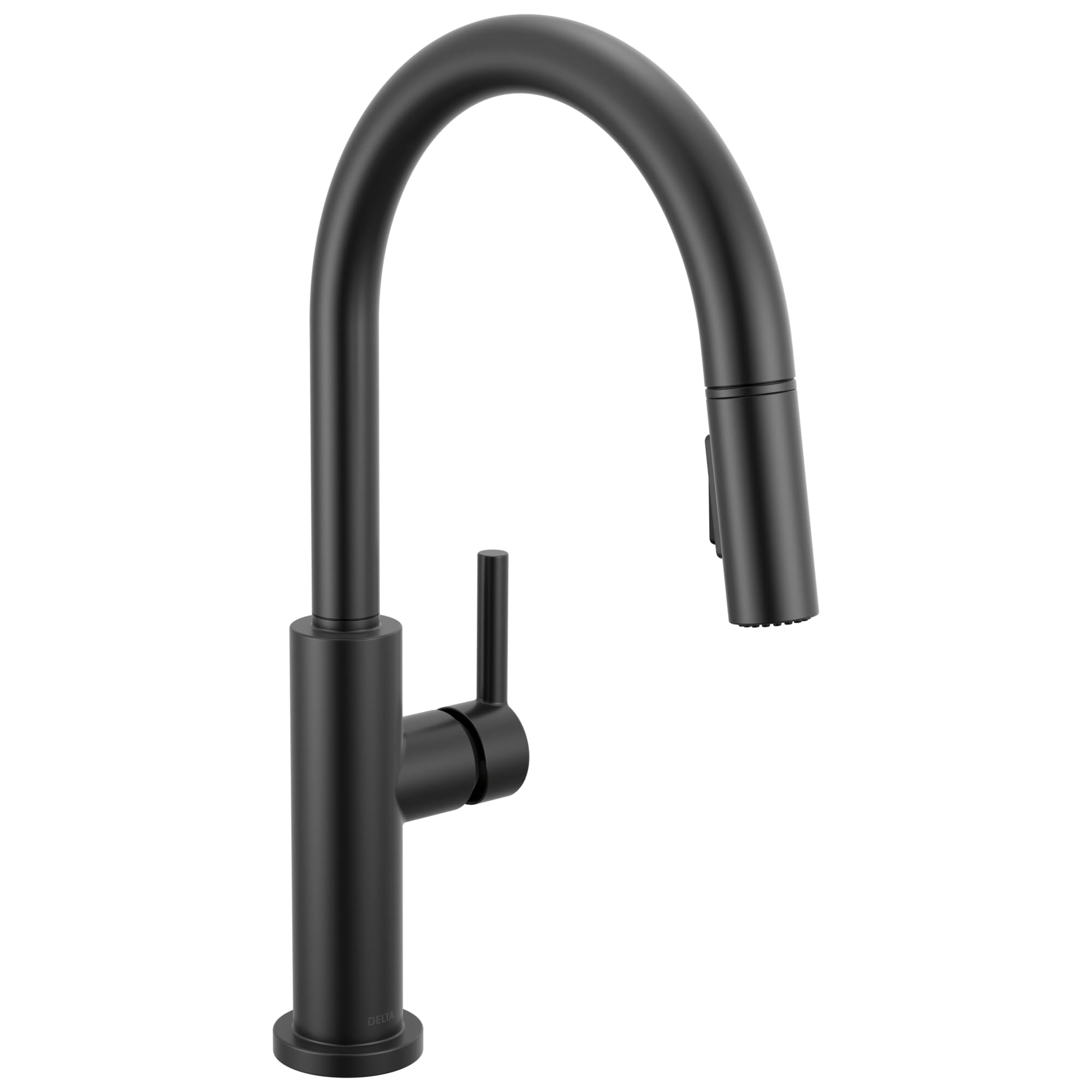 Matte black single-handle kitchen faucet with curved pull-down spout and side lever control.