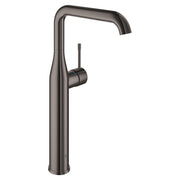 Grohe Essence single-handle vessel sink faucet with curved spout and cylindrical body in hard graphite finish.