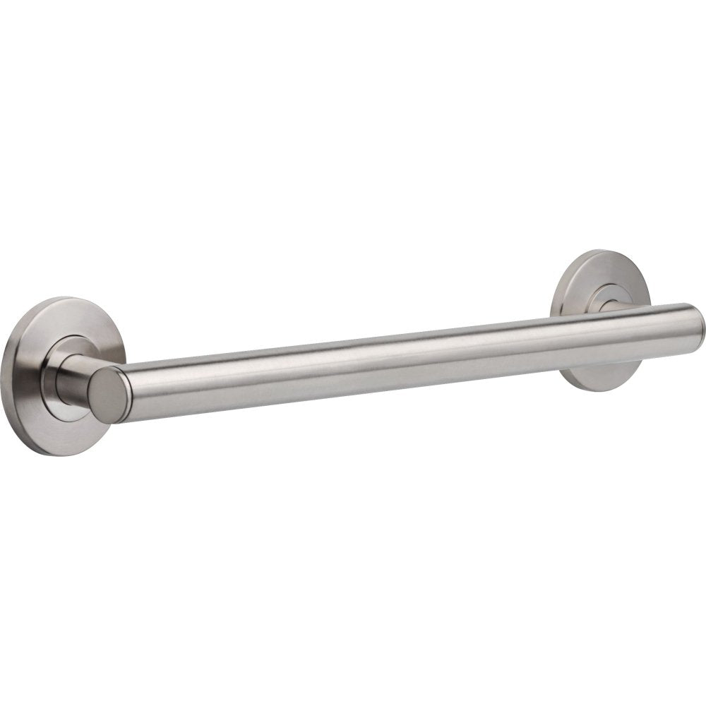 Stainless steel grab bar with circular mounting flanges on each end, horizontal orientation.