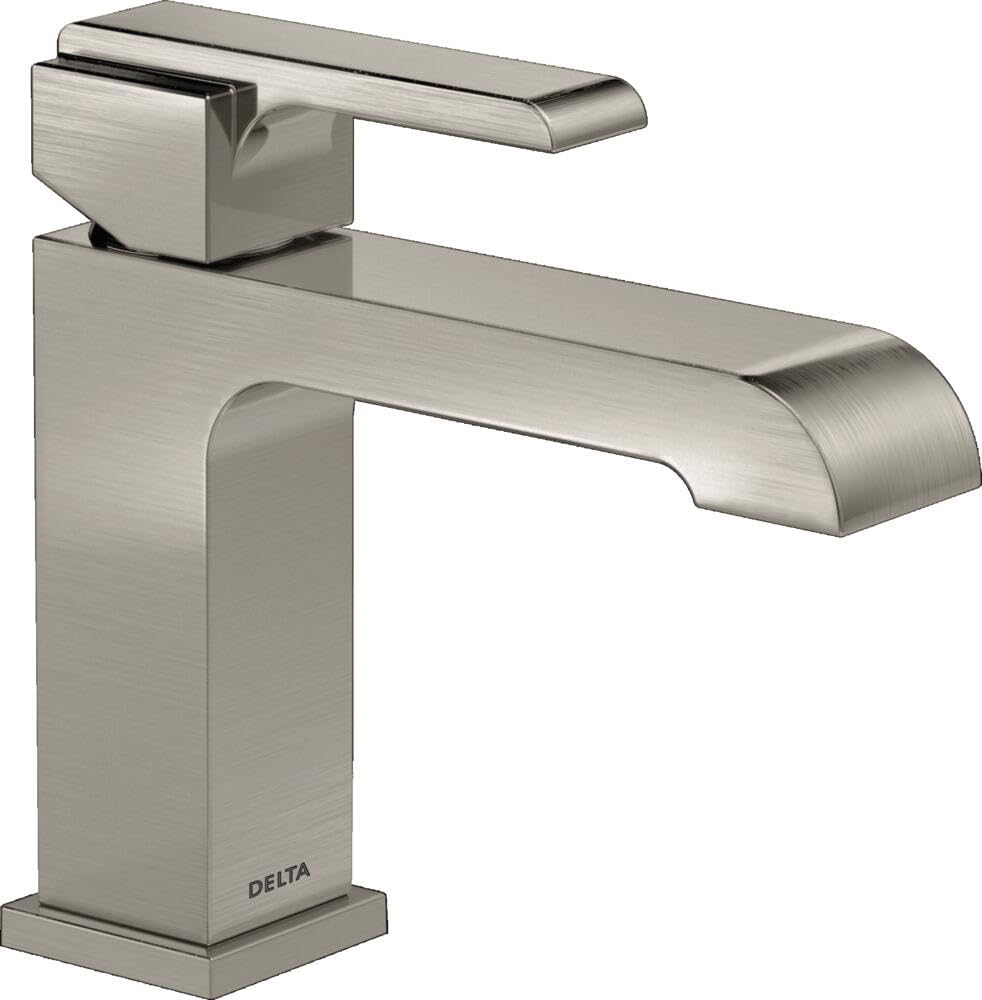Brushed nickel single-handle bathroom faucet with rectangular spout and matching pop-up drain assembly.