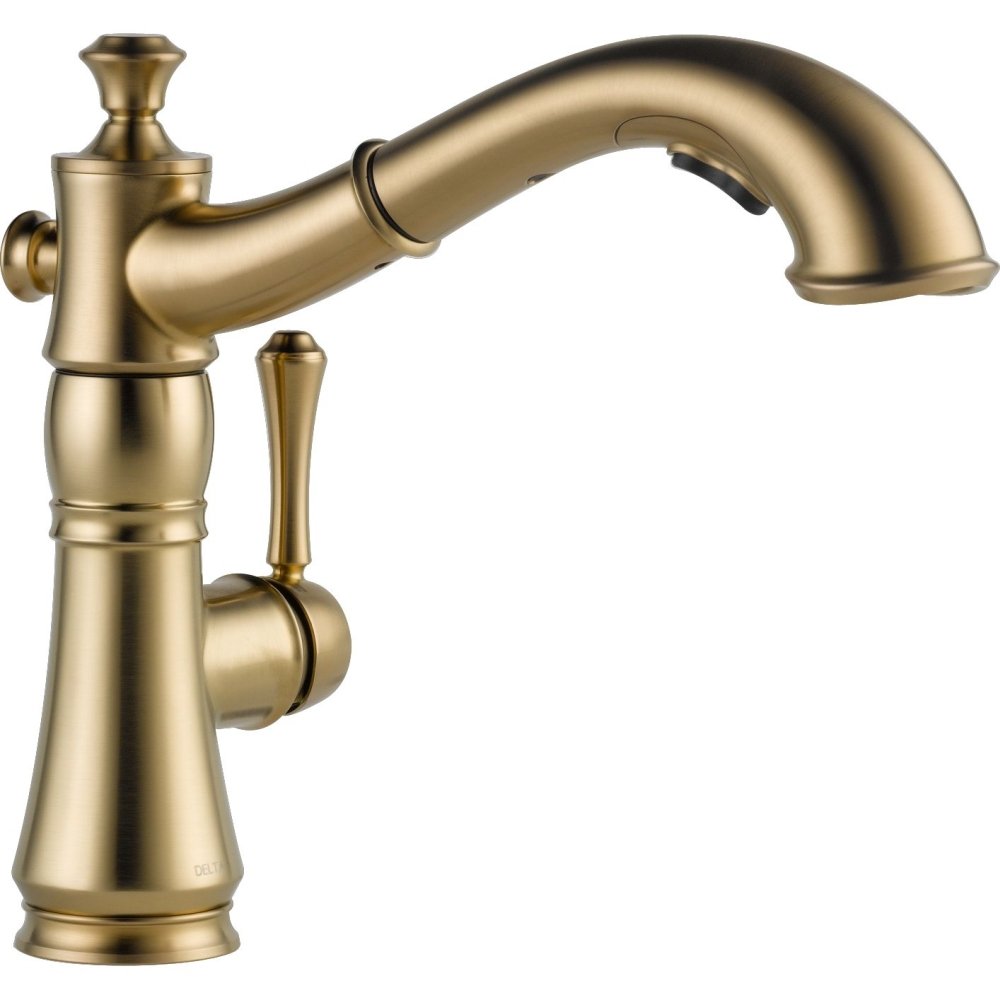 Champagne bronze single-handle kitchen faucet with curved pull-out spout and lever handle.
