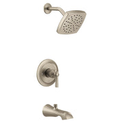 Brushed nickel tub and shower trim kit with single lever handle, showerhead, and curved tub spout.