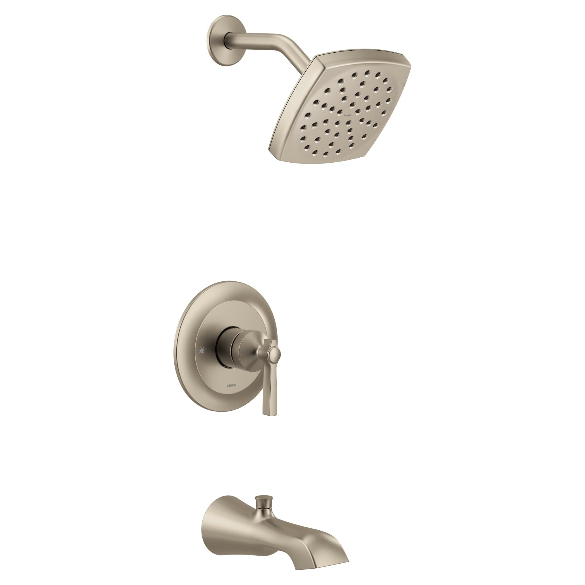 Brushed nickel tub and shower trim kit with single lever handle, showerhead, and curved tub spout.