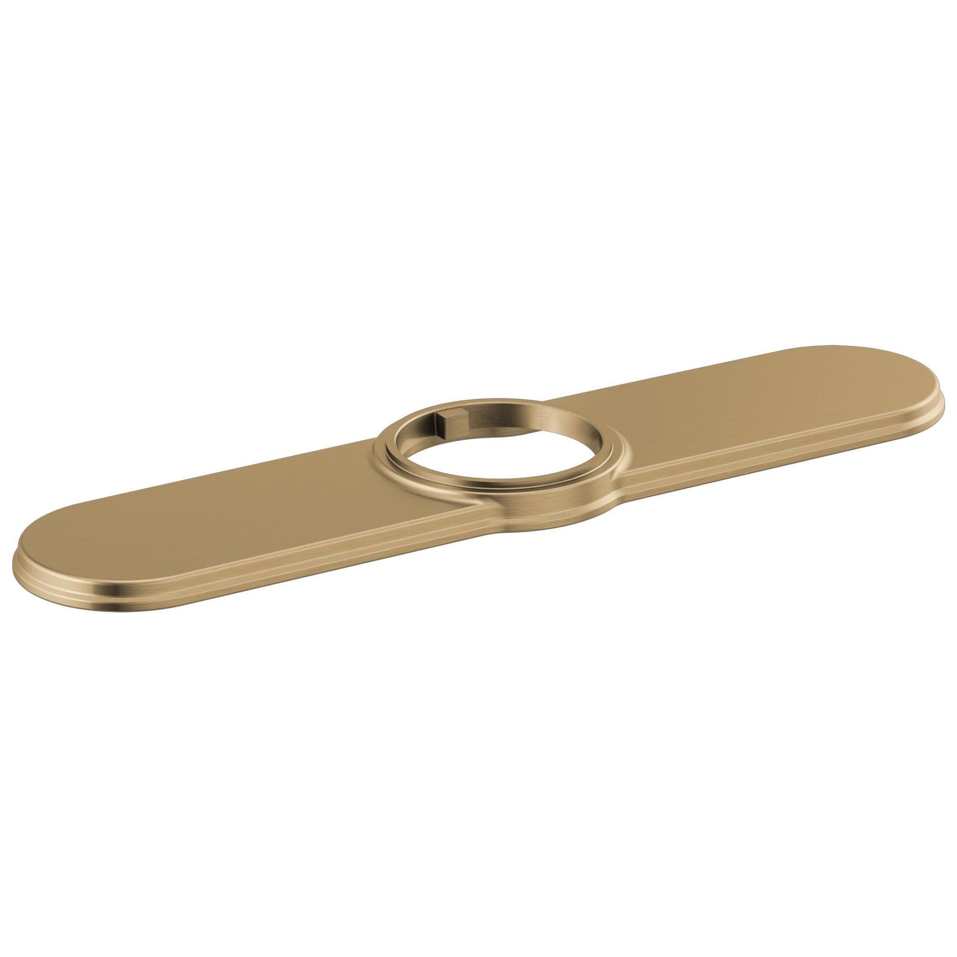 Champagne bronze escutcheon with oval center hole and rounded edges for pulldown faucet installation.