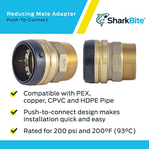 Sharkbite Male Adapter: Brass, Push-to-Connect x MNPT, For 1 in Tube OD, 1 in Pipe Size in Brass - U140LF