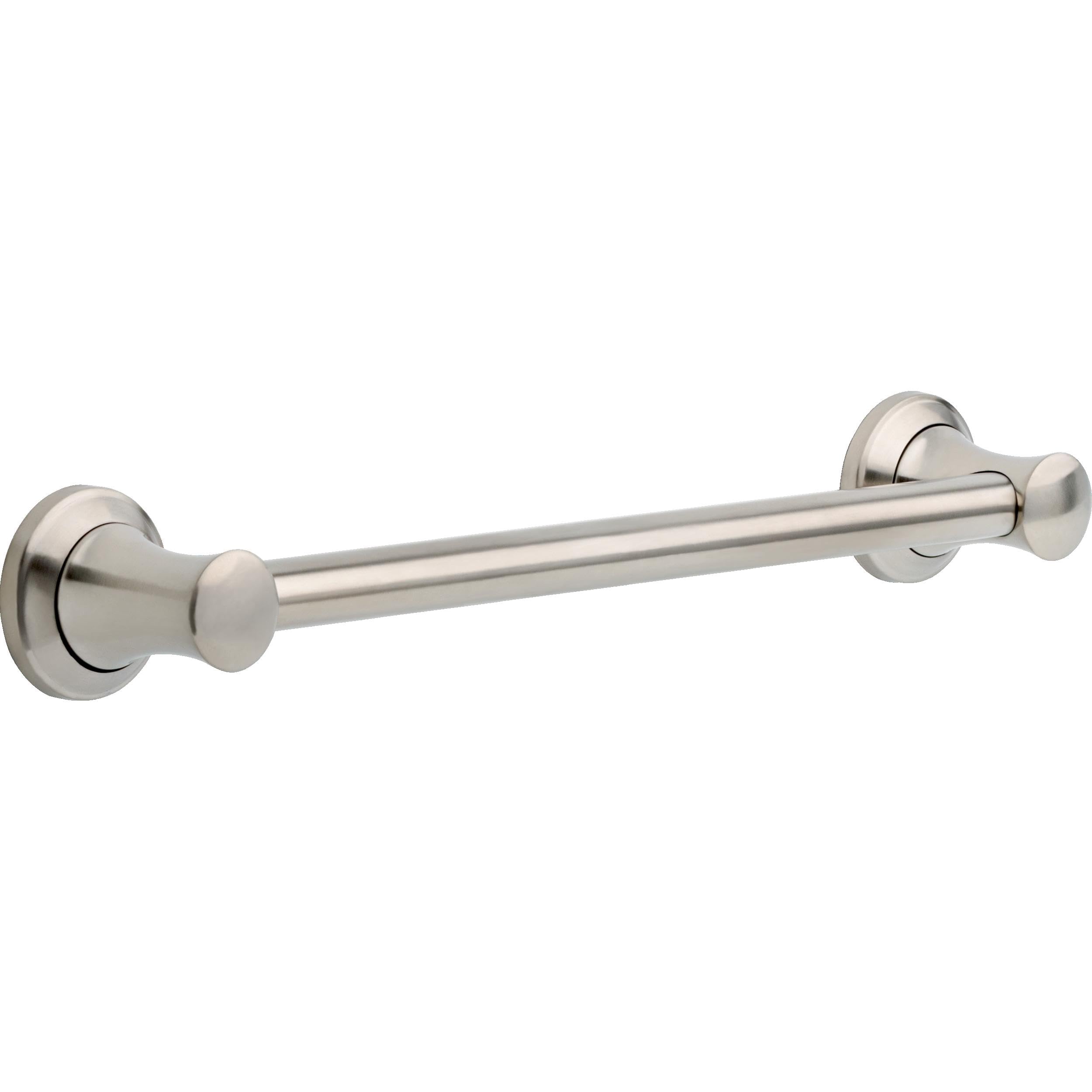 Stainless steel grab bar with circular wall-mounted flanges on each end.