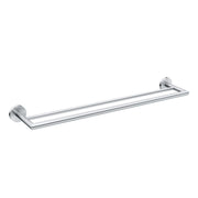 Chrome double towel bar with two parallel rails and circular wall mounts on each end.