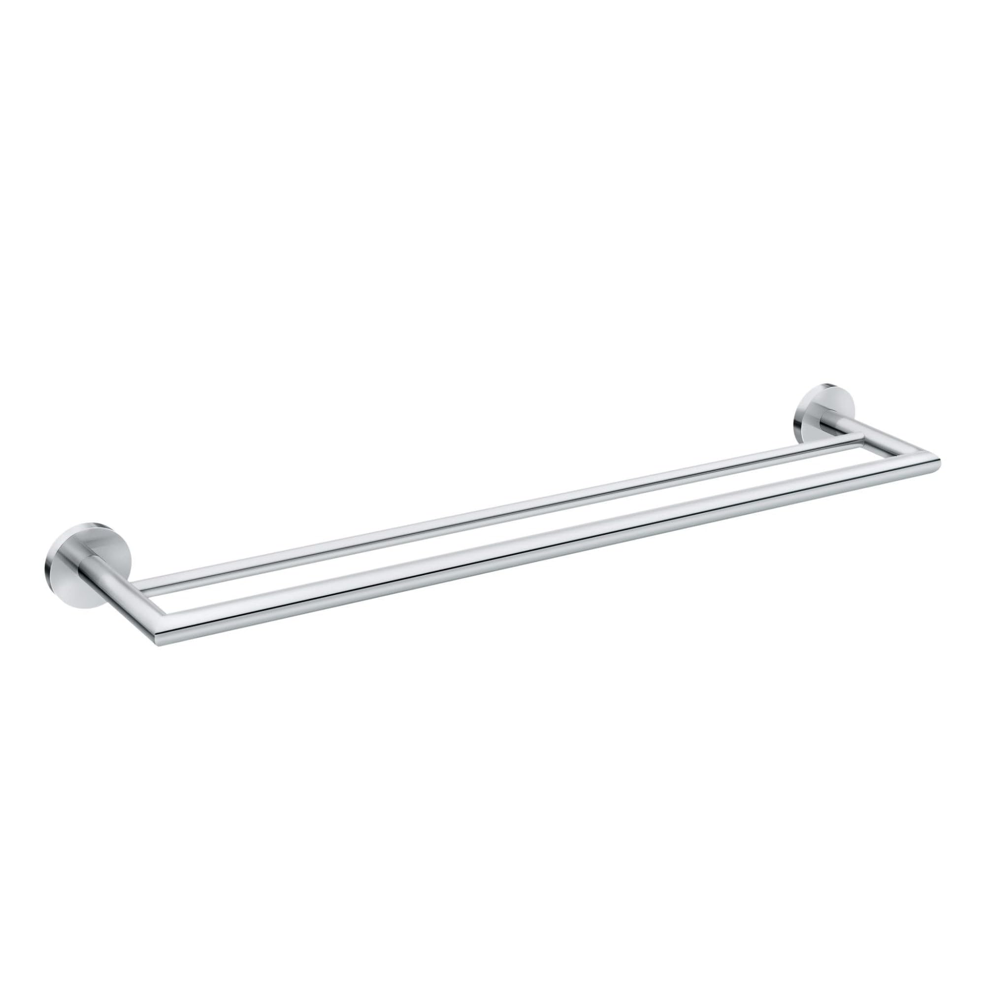 Chrome double towel bar with two parallel rails and circular wall mounts on each end.