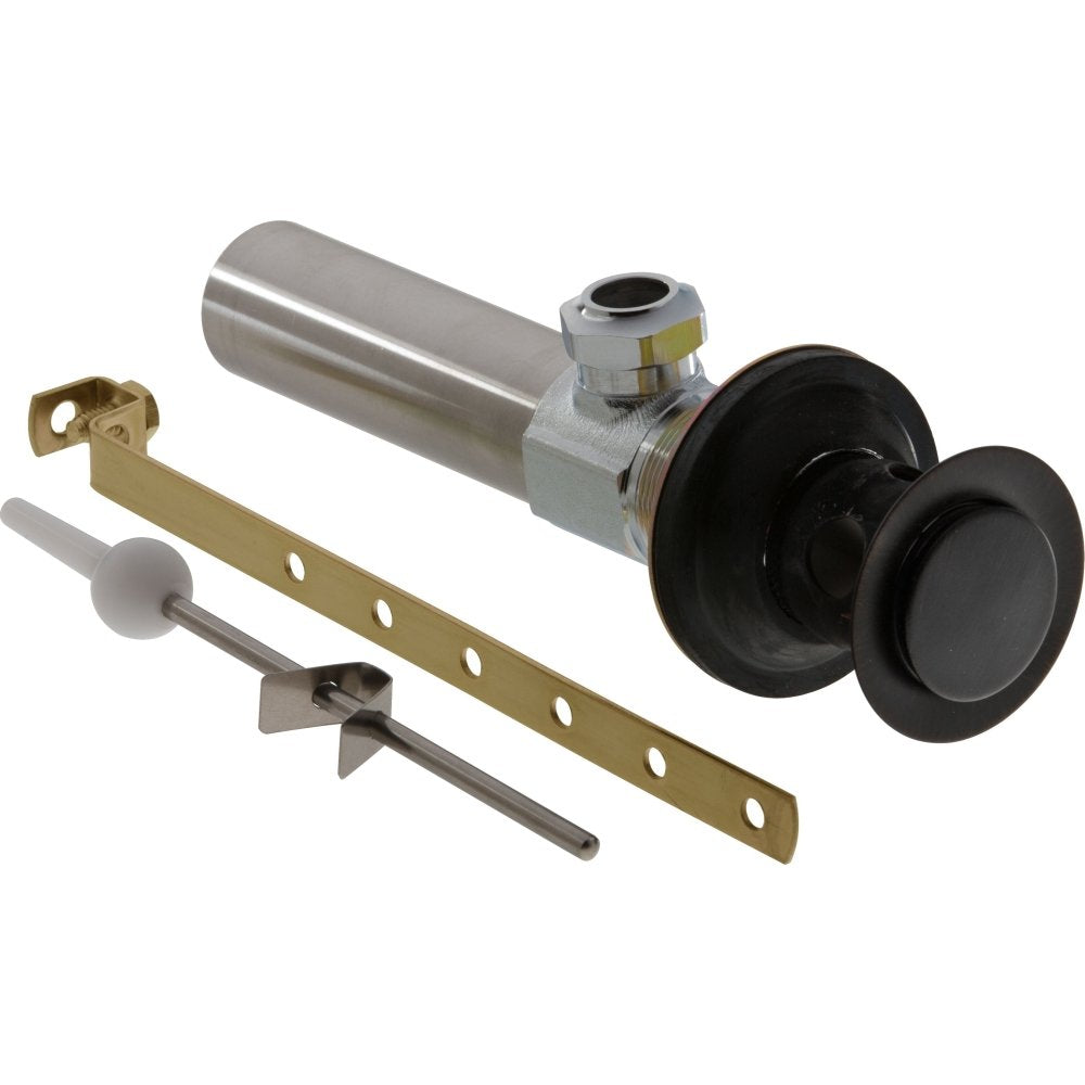 Metal bathroom drain assembly with black popups, brass mounting bracket, and stainless steel components in dark finish.