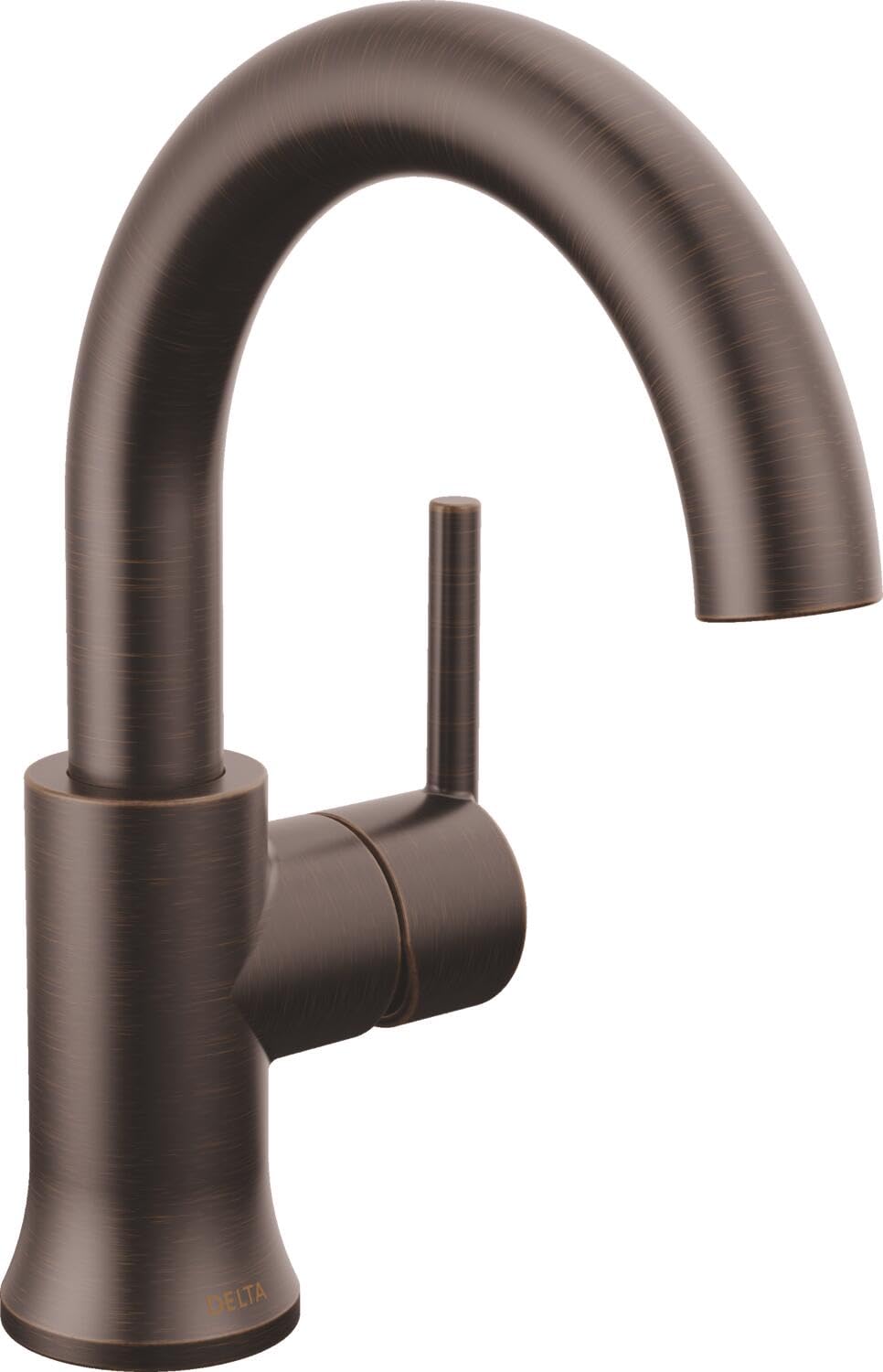 Brushed bronze single-handle bathroom faucet with high curved spout and cylindrical body.