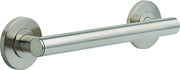 Brushed nickel cylindrical grab bar with two circular wall mounting flanges and contemporary design.