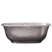 Brushed nickel copper bathtub with oval shape and rolled rim, shown from side view.