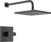 Matte black shower trim with square rainfall showerhead and wall-mounted arm with single-handle control valve.