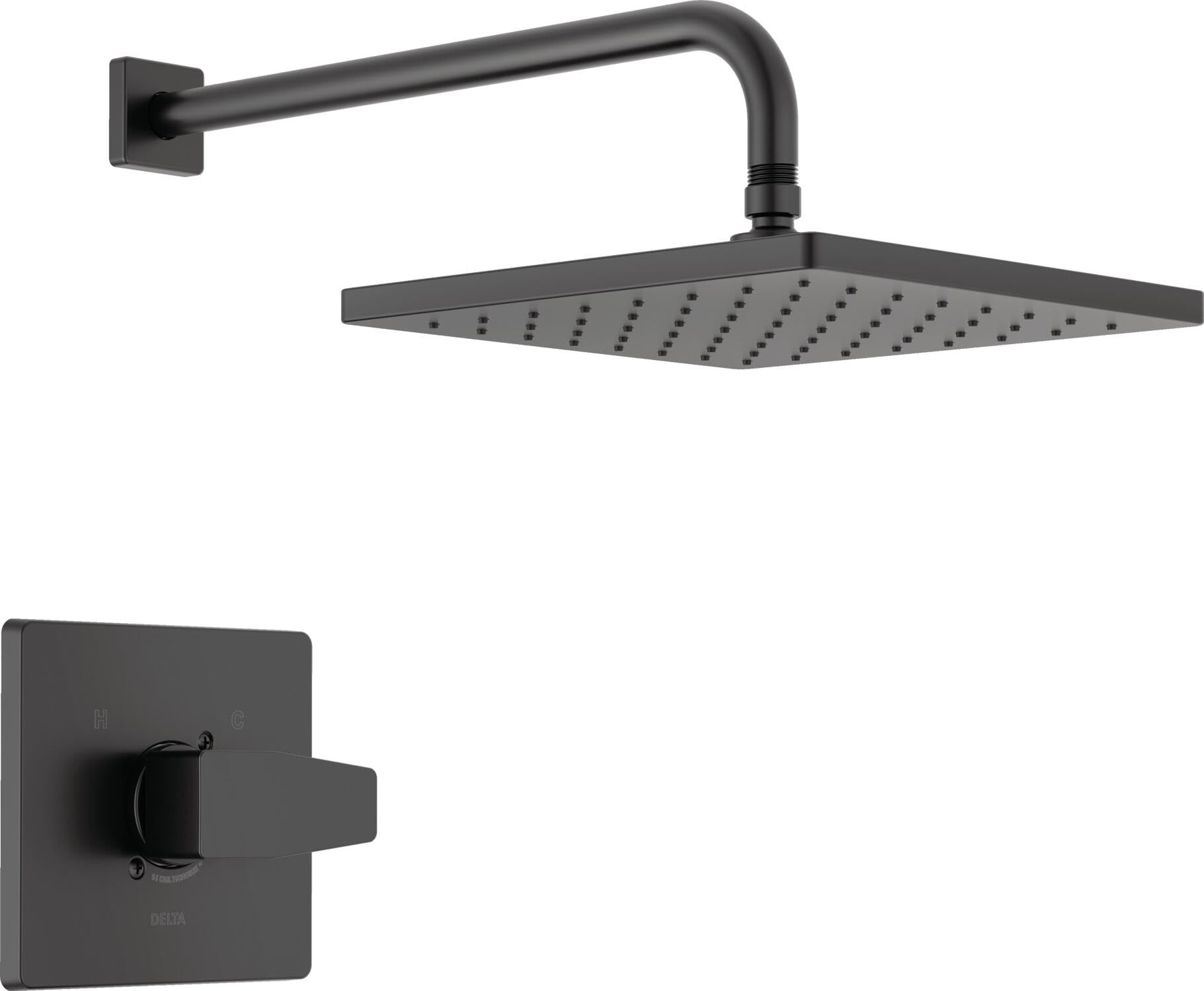 Matte black shower trim with square rainfall showerhead and wall-mounted arm with single-handle control valve.