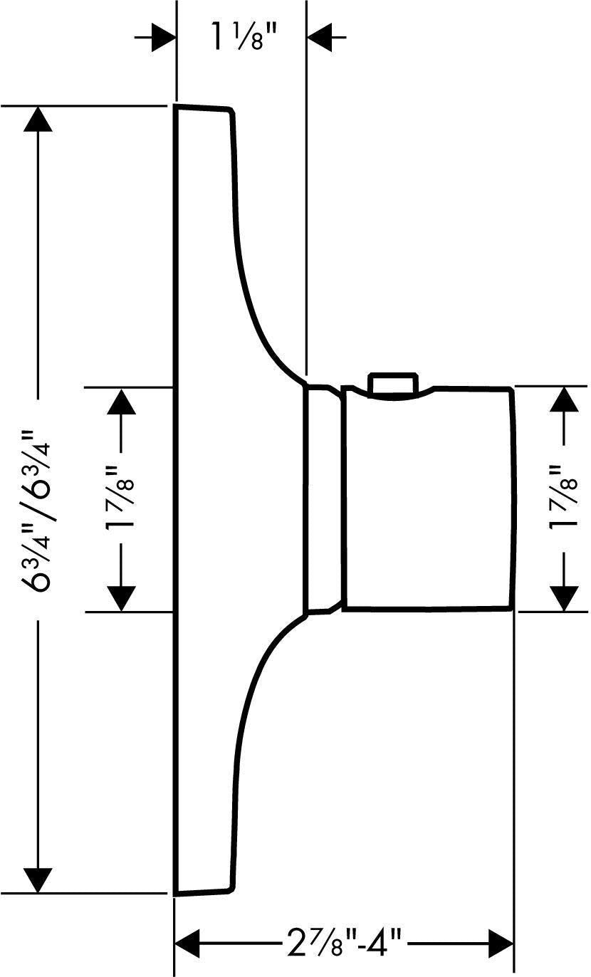 Chrome thermostatic shower trim with curved spout and rectangular control handle, 1 1/8" width, 6 3/4" height.