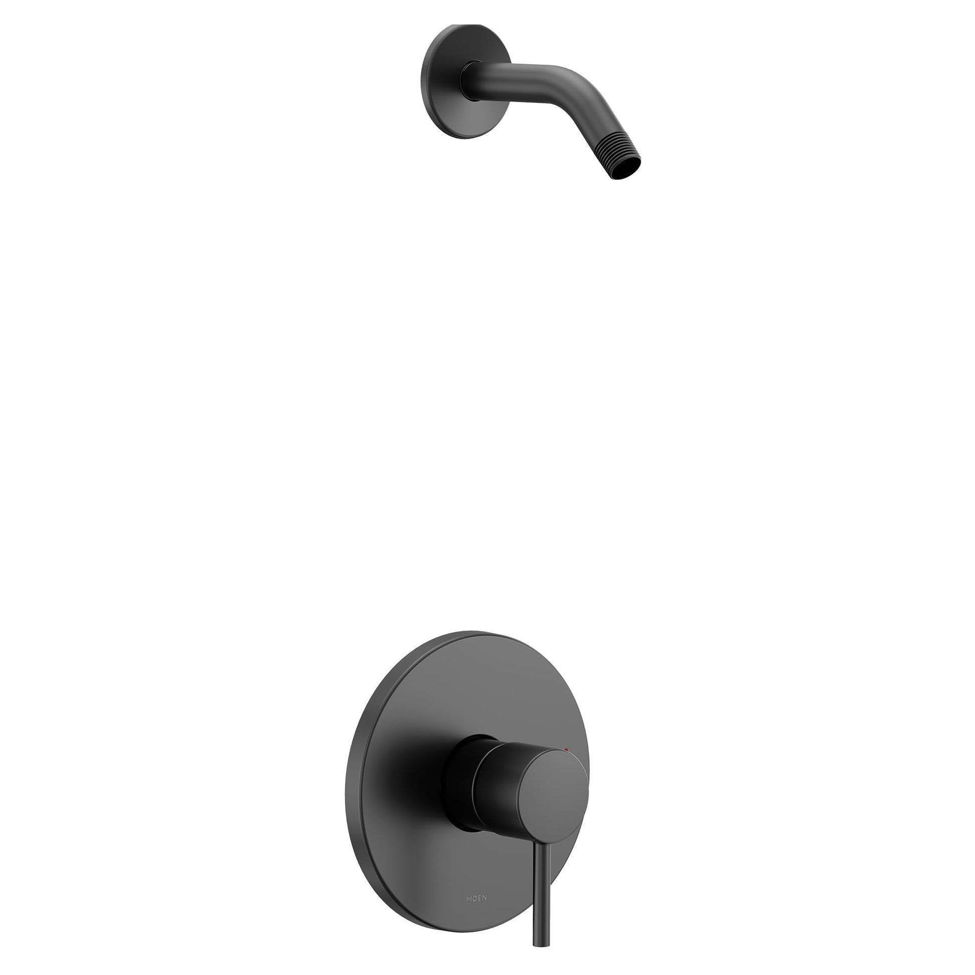 Matte black single-handle shower trim kit with curved wall-mounted arm and circular escutcheon plate.