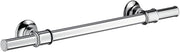 Brushed nickel towel bar with decorative circular wall mounts on each end, 12 inches long.