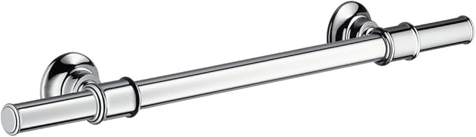 Brushed nickel towel bar with decorative circular wall mounts on each end, 12 inches long.