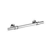 Chrome towel bar with cylindrical rod and round wall-mounted brackets on each end.