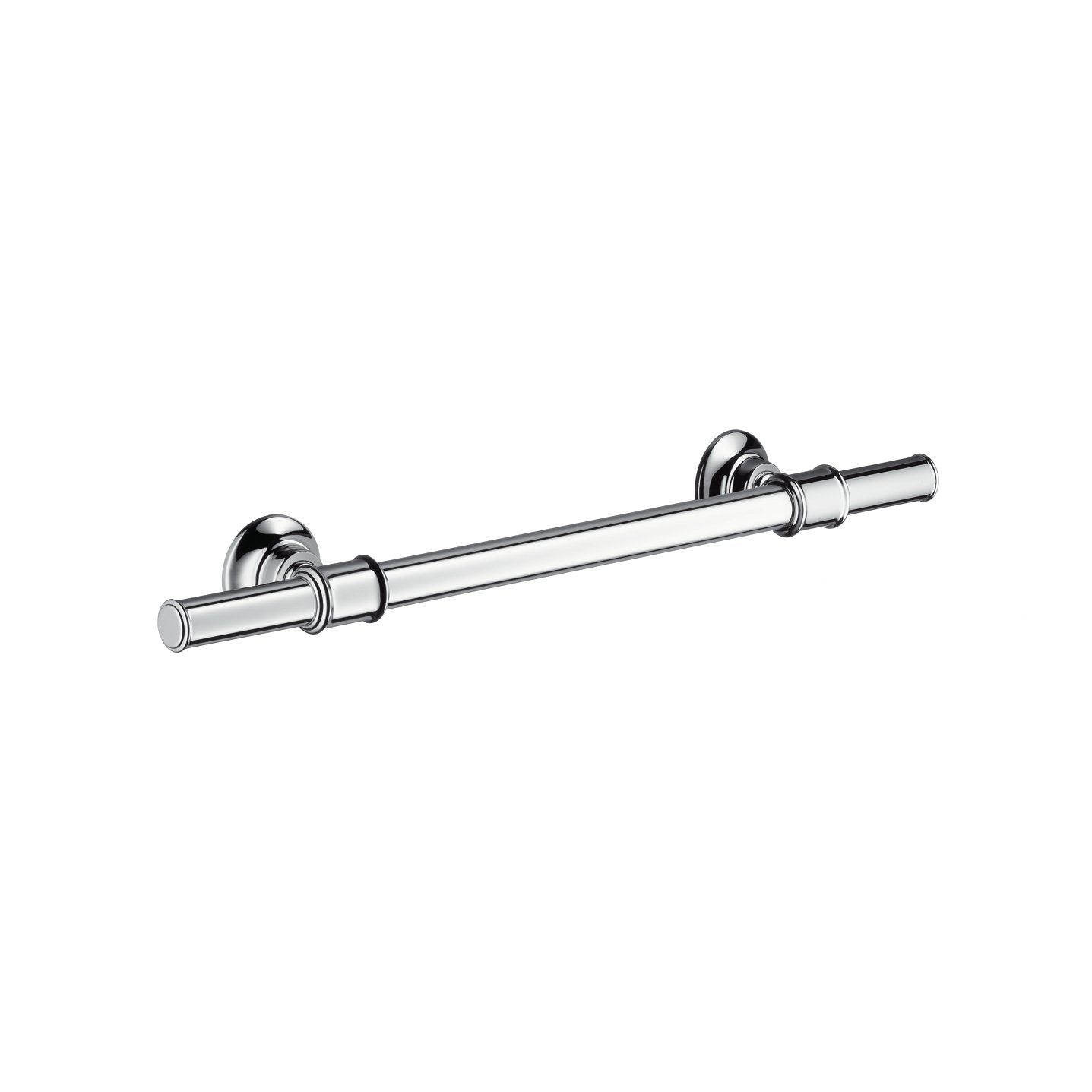 Chrome towel bar with cylindrical rod and round wall-mounted brackets on each end.