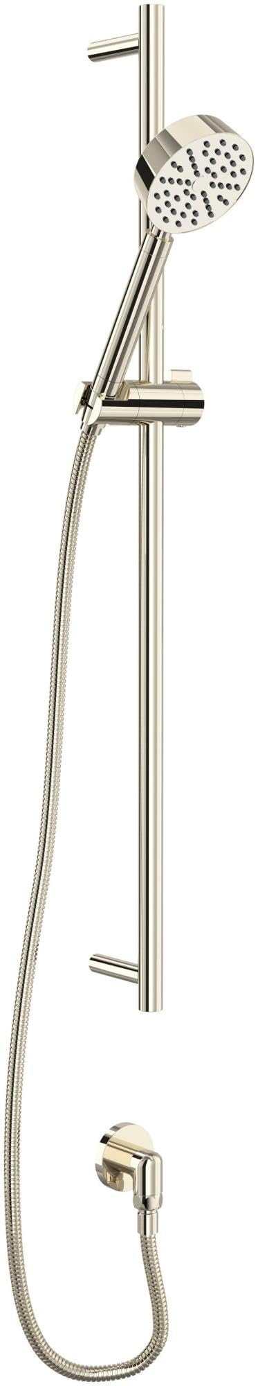 Polished nickel hand shower set with round showerhead, vertical slide bar, handheld wand on hose, and wall outlet.