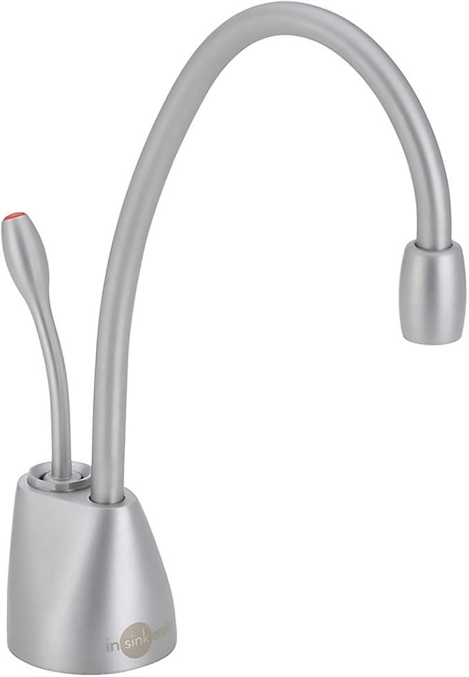 Brushed chrome instant hot water dispenser faucet with curved spout and red indicator on handle base.